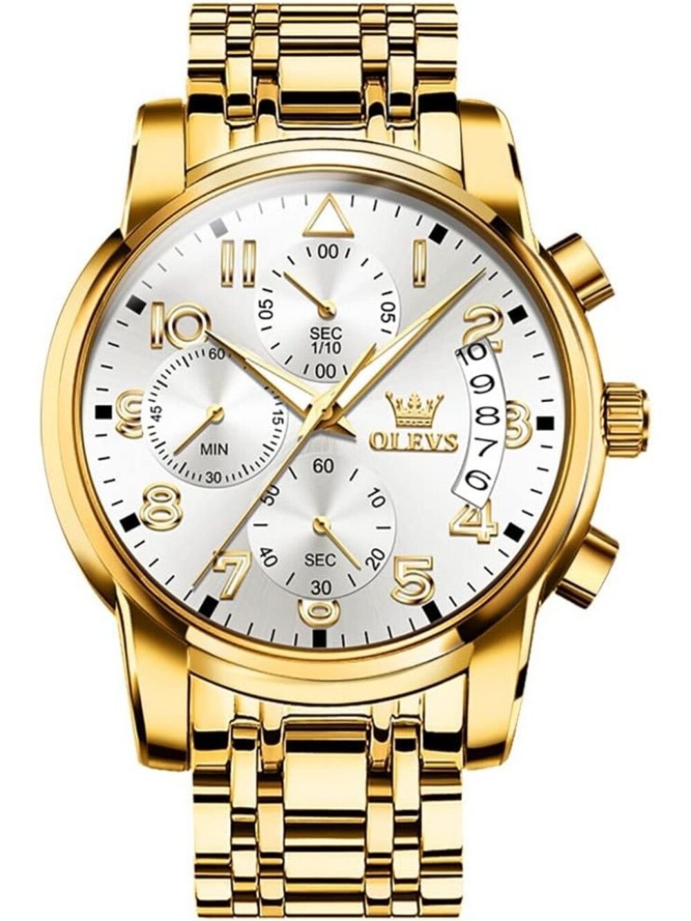 Men's White Face/Gold Band Stainless Steel Chronograph Waterproof Wrist Watch